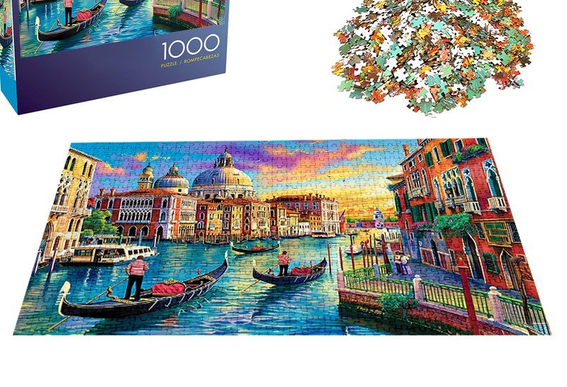 custom jigsaw puzzle manufacturing example showing a 1000-piece puzzle with loose pieces and assembled image