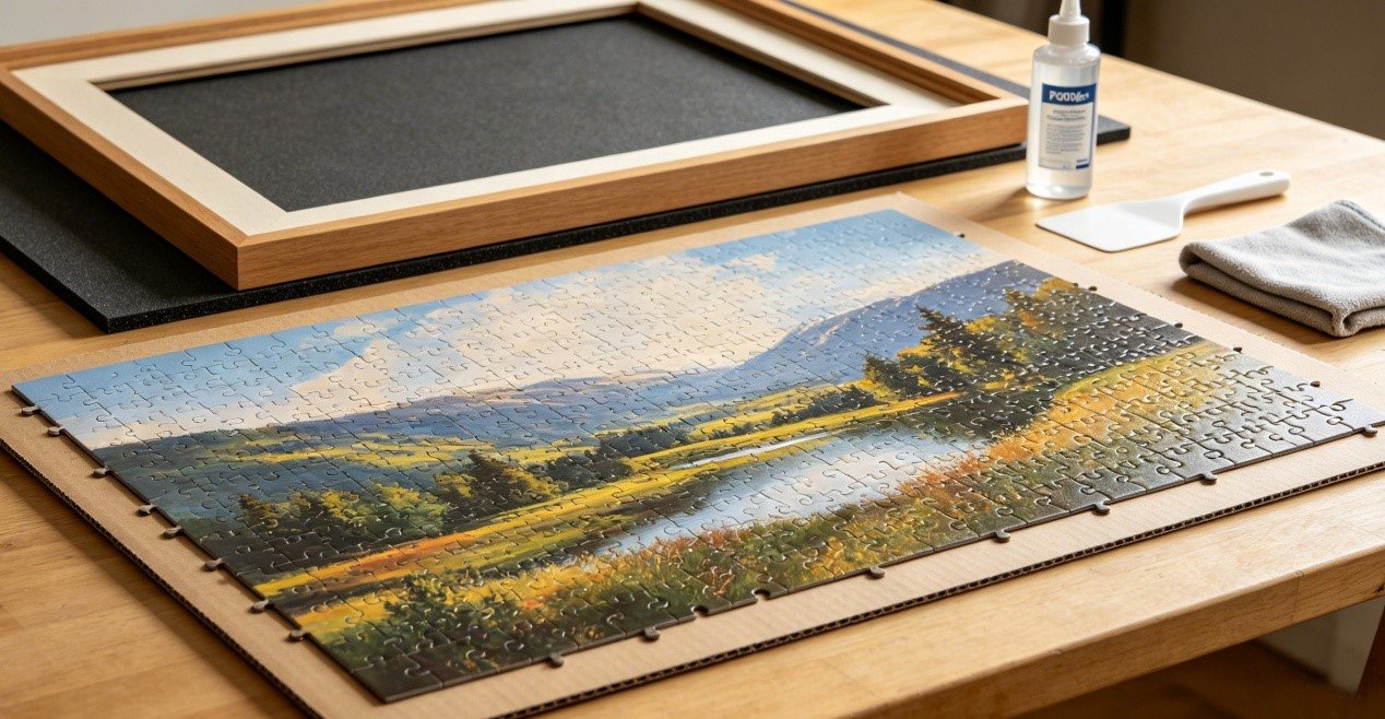 How to frame a puzzle with completed jigsaw puzzle, matching frame, backing board, puzzle glue, spreader, and microfiber cloth