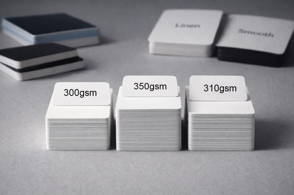 Playing card gsm stack height comparison showing 300gsm 310gsm and 350gsm decks with 100 cards illustrating thickness accumulation