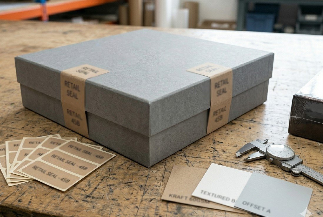 Paper seals replacing shrink wrap on a custom board game box