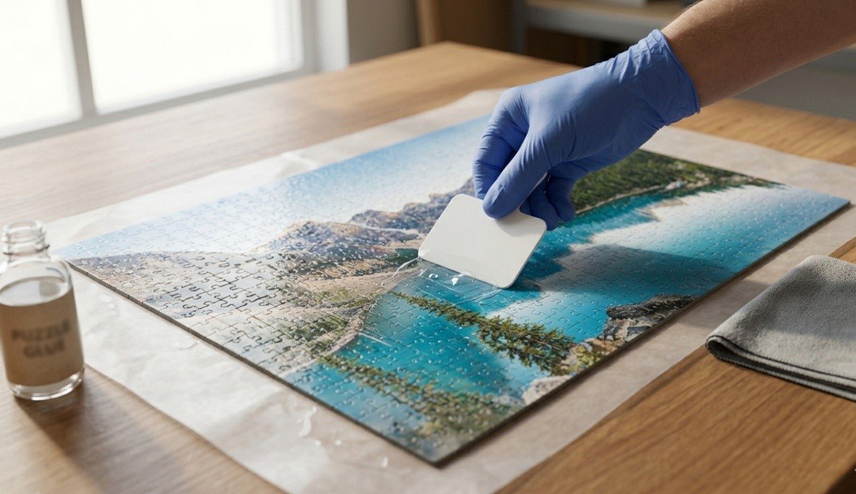 Best puzzle glue application using a plastic spreader to apply a thin even coat on a completed jigsaw puzzle