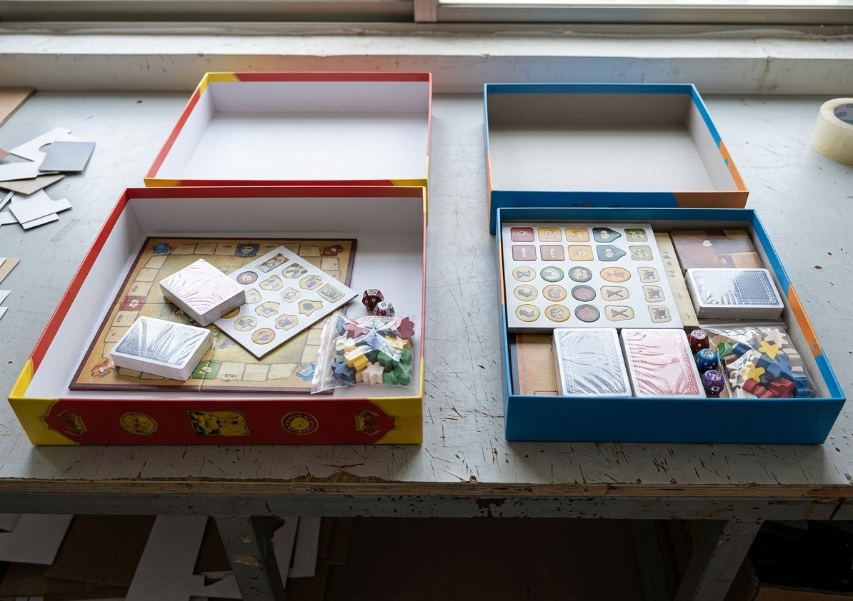 Board game box size comparison showing the same components packed in a larger box and a tighter box