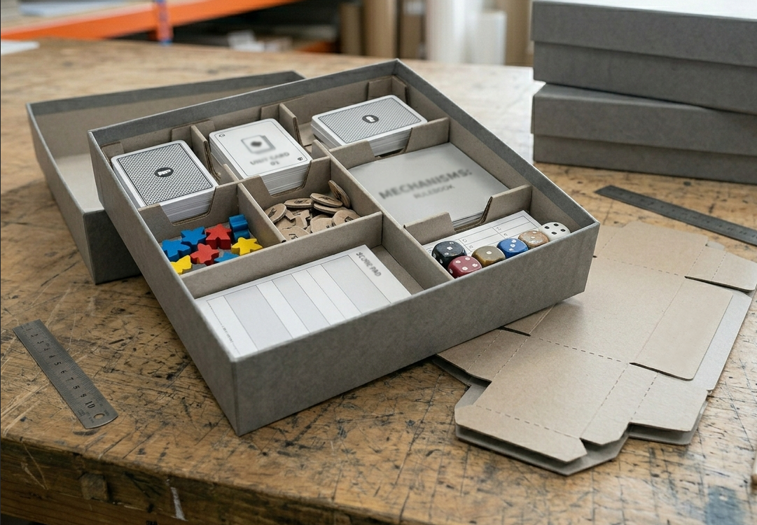 Paperboard insert as an alternative to PET tray for plastic-free board game packaging