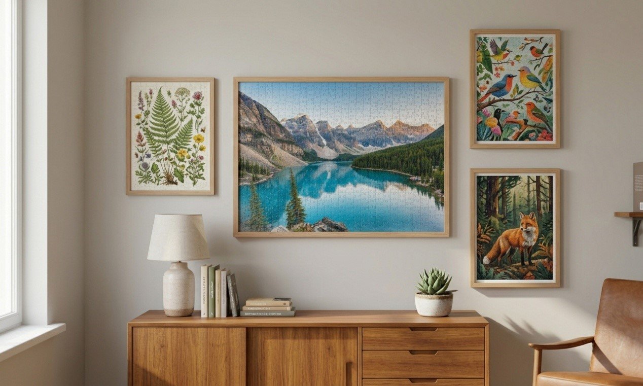 Jigsaw puzzle wall decor with multiple framed puzzles arranged in a clean gallery wall layout