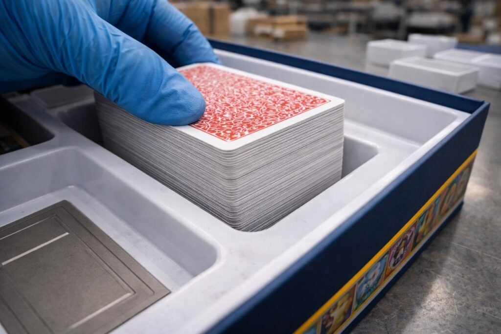 Stack of playing cards being checked for tight fit inside insert tray showing packaging tolerance and space constraints