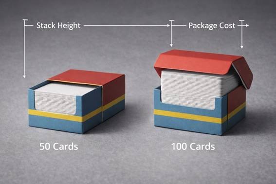 card stack height affecting box size and carton efficiency 50 cards vs 100 cards comparison