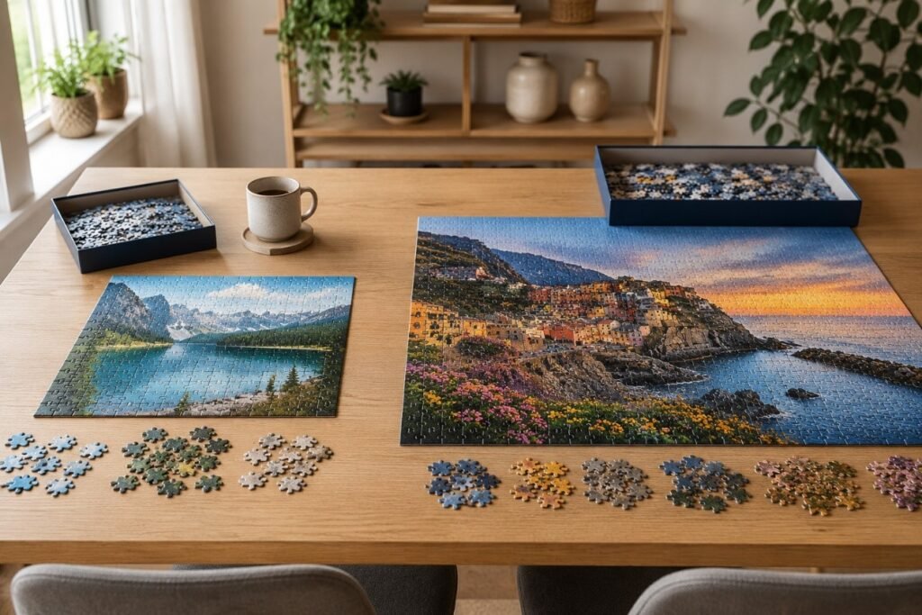 500 vs 1000 piece puzzle comparison showing different puzzle sizes, sorted pieces, and table space requirements
