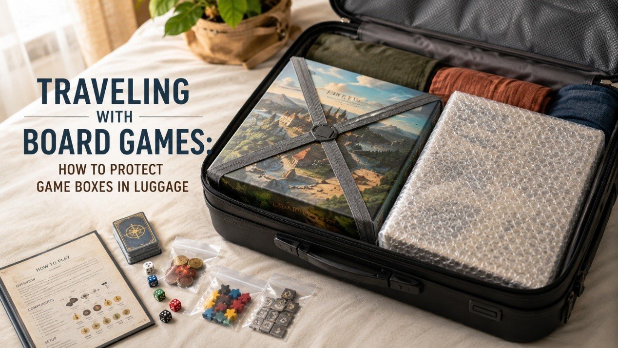 Traveling with board games using X-Bands and bubble wrap to protect game boxes in luggageTraveling with board games sounds simple until the suitcase is opened.
