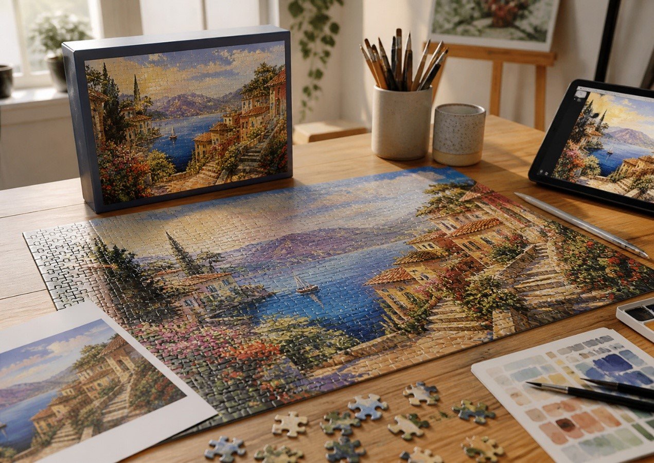 Artist puzzle merchandise setup showing a completed custom art puzzle, matching puzzle box, and artwork reference in a creative studio