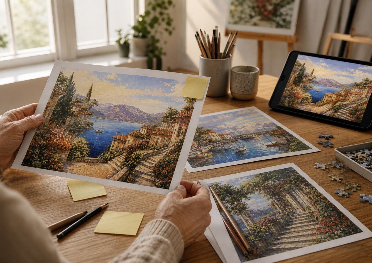 Artist reviewing several artwork prints to choose the best image for a custom puzzle product