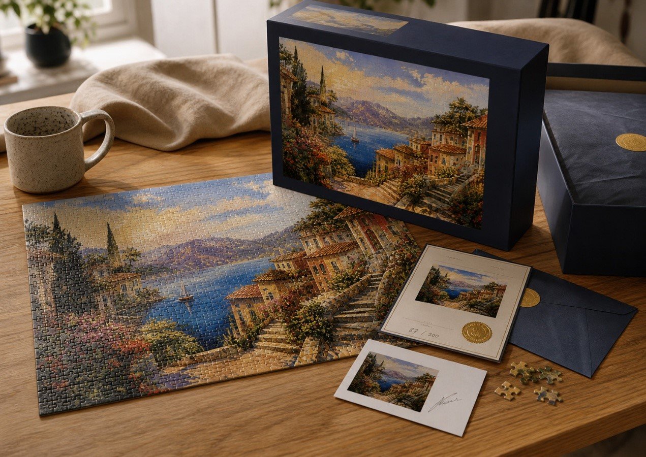limited edition artist puzzle packaging with rigid box, completed puzzle, signed card, and numbered certificate