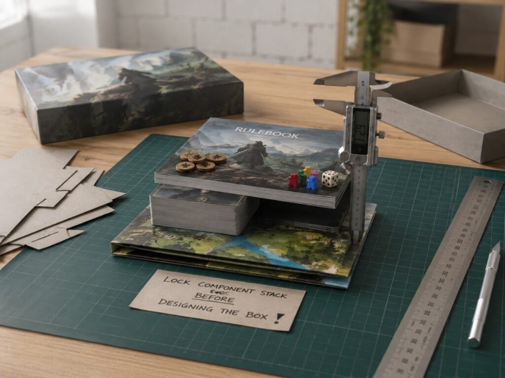 Measuring board game components with cards, board, tokens and rulebook before designing a DIY custom game box