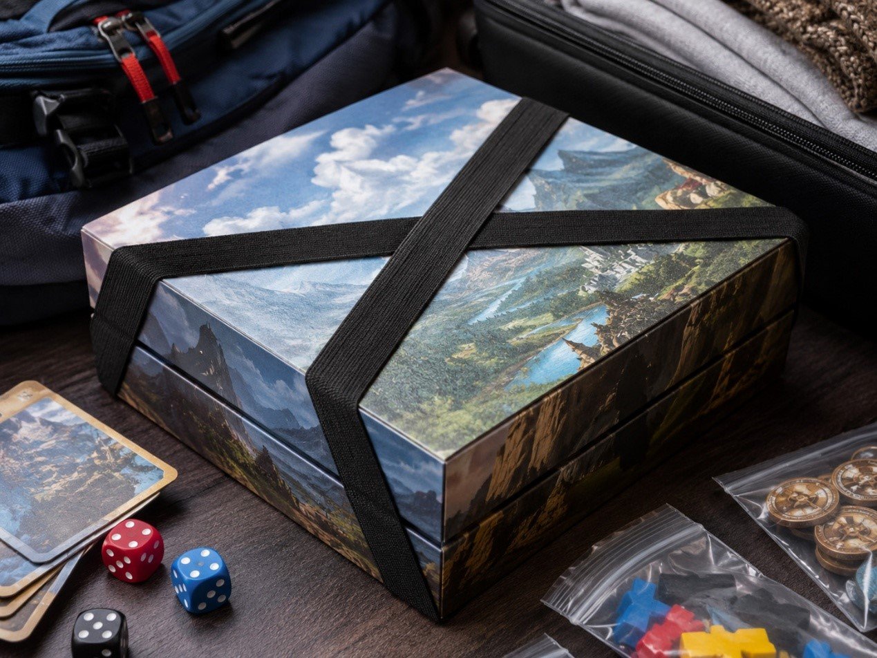 Board game box secured with X-Bands to stop the lid from opening during travel