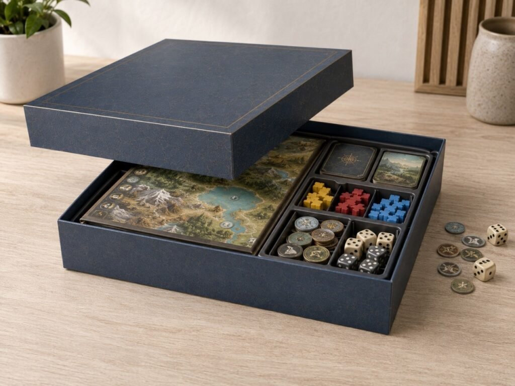 Telescoping lid and base board game box with insert, cards, board, dice, tokens, and wooden pieces
