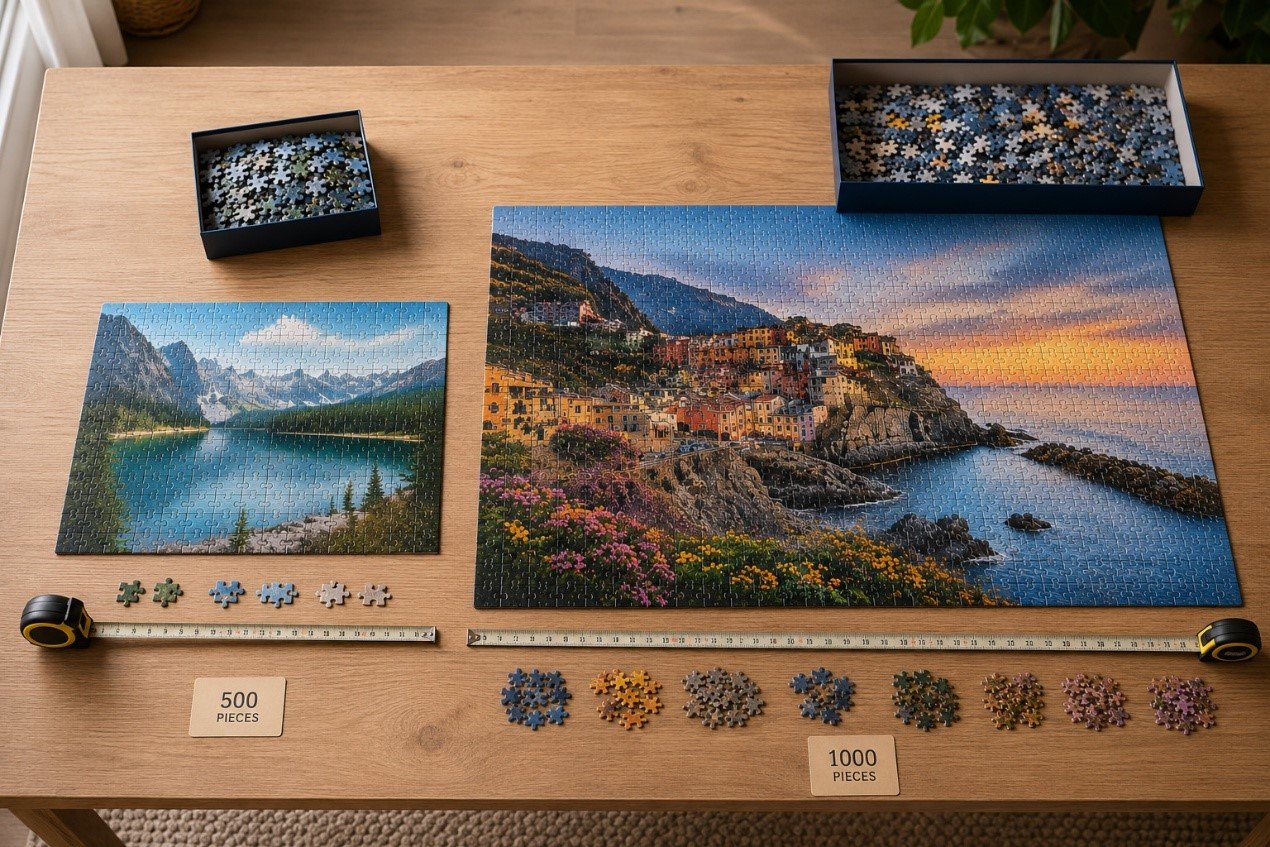 Finished size comparison between a 500 piece puzzle and a 1000 piece puzzle on a tabletopThis is where the difference stops being abstract