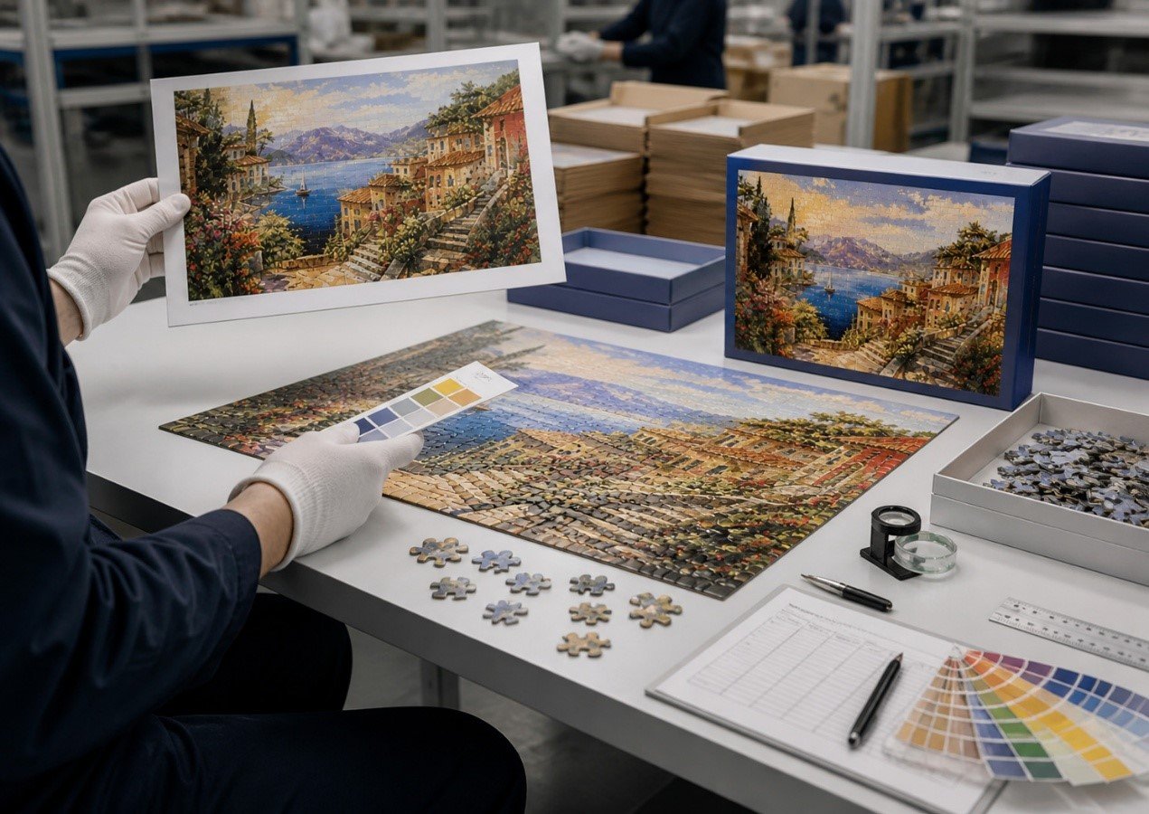Factory quality check for custom artist puzzle showing color proof, puzzle sample, packaging box, and print swatches
