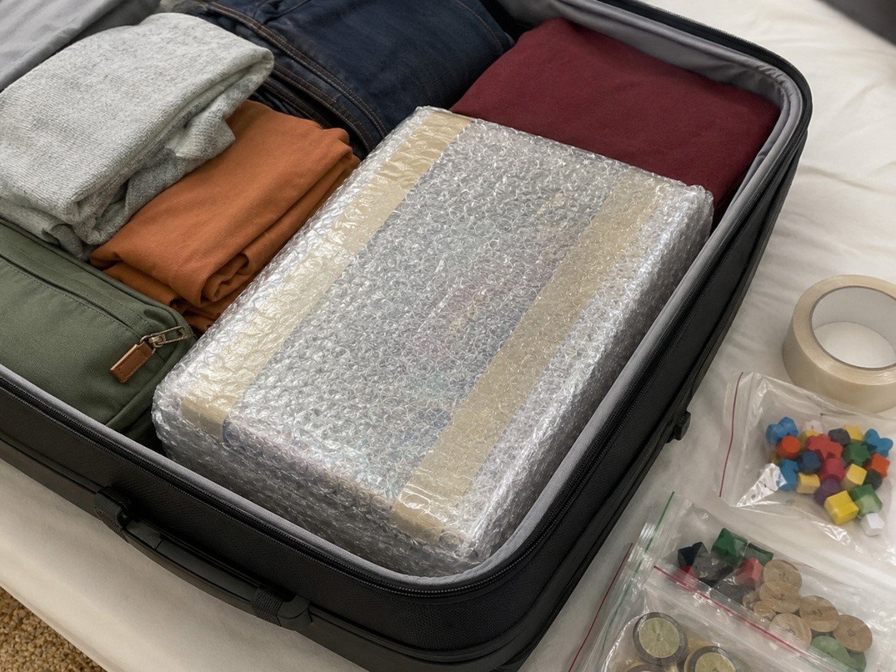 Board game box wrapped with bubble wrap inside luggage to protect corners and edges during travel