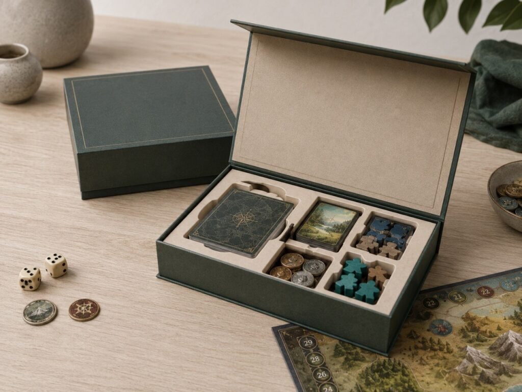 Magnetic closure board game box opened like a clamshell with premium insert and organized game components