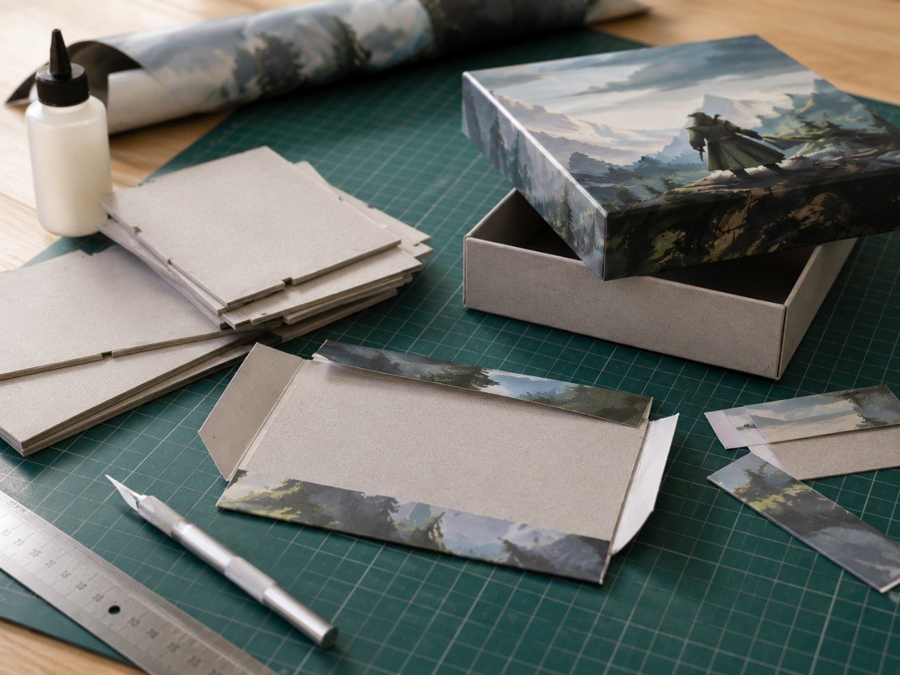 Greyboard panels and printed wrap paper being cut and wrapped to make a handmade lid and base game box