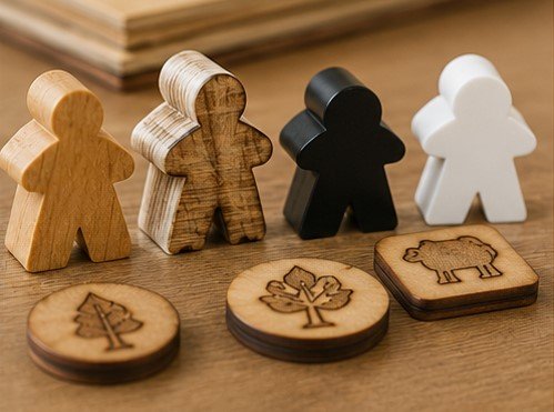 Material comparison for wooden meeples, plywood laser cut tokens, and plastic board game pieces