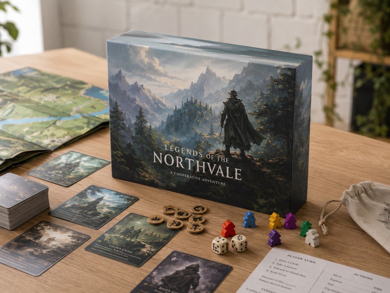 Finished handmade board game box prototype with cards, dice, tokens and board arranged for Instagram and Reddit photos