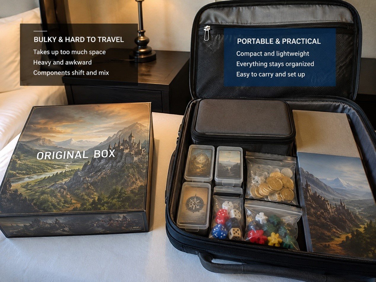 Portable game box solutions using travel pouch, deck boxes, and token bags instead of the original board game box
