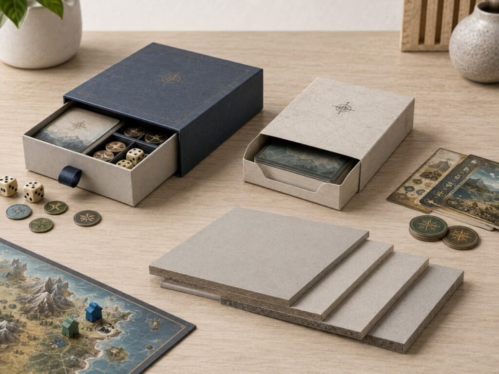 Drawer box, tuck box, and greyboard thickness samples showing different board game packaging structure choices
