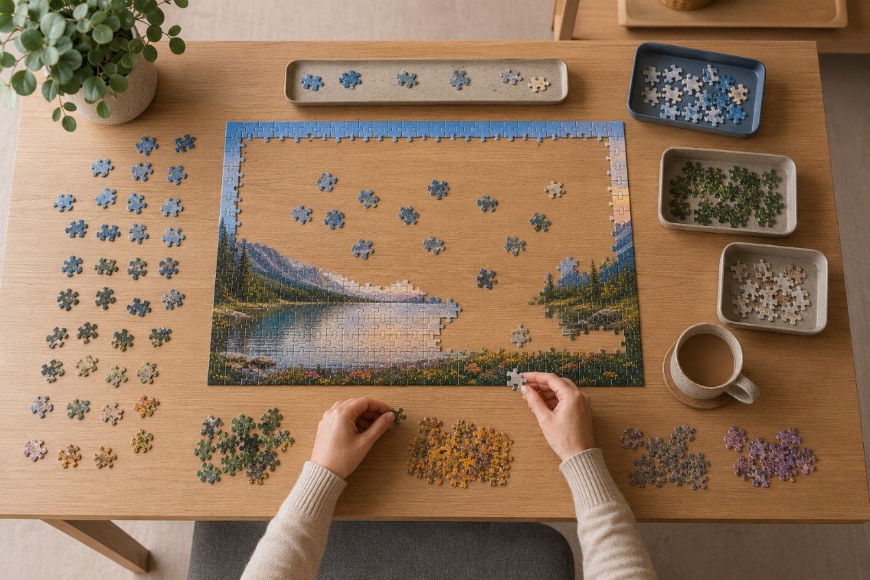 Beginner jigsaw puzzle strategy showing border pieces, sorted color groups, and partially completed puzzle sections