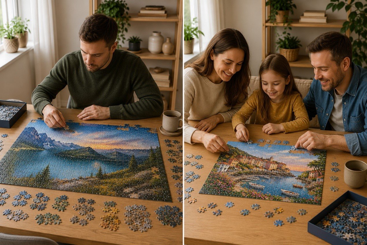 Solo puzzler working on a larger puzzle compared with a family working together on a smaller puzzle