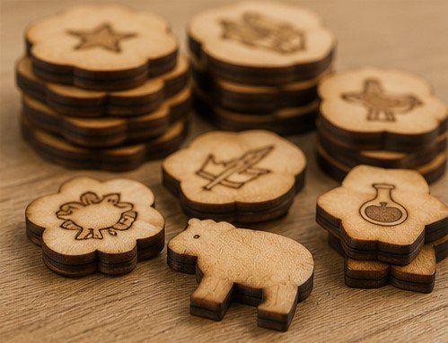 Laser cut wooden game tokens with visible dark edges for flat board game components